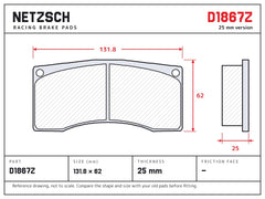 NETZSCH D1867Z brake pad drawing, 25 mm thick