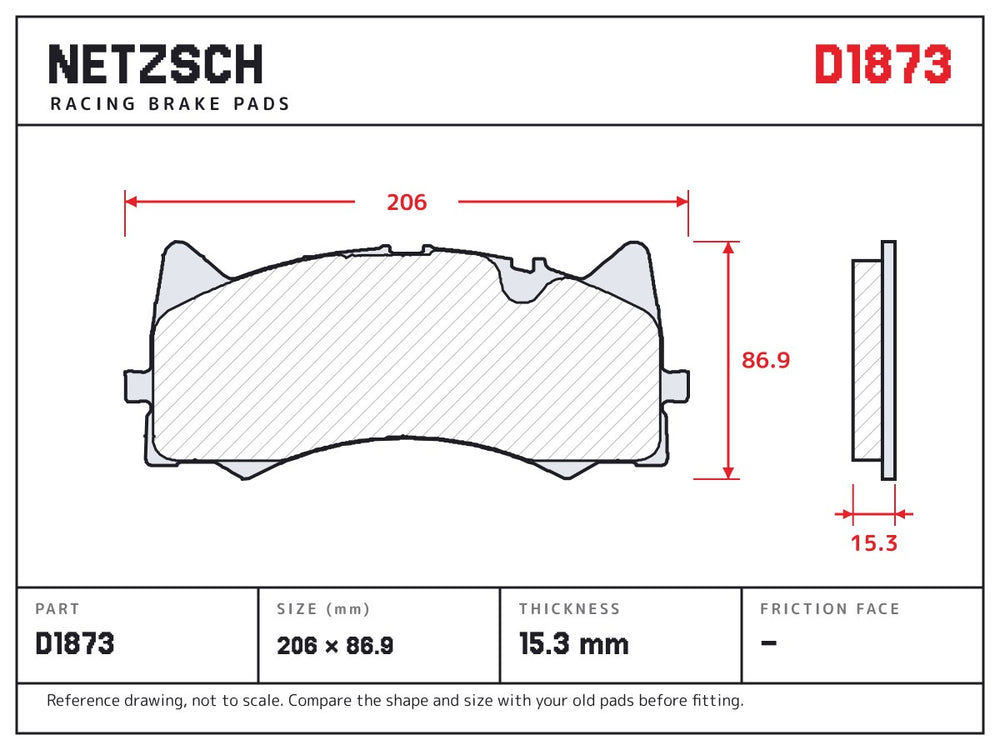 NETZSCH D1873 brake pad drawing, 15.3 mm thick