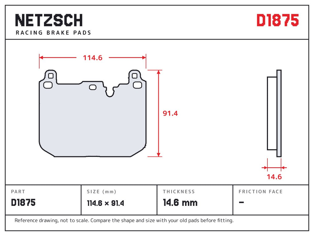 NETZSCH D1875 brake pad drawing, 14.6 mm thick