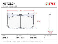 NETZSCH D1875Z brake pad drawing, 16.5 mm thick