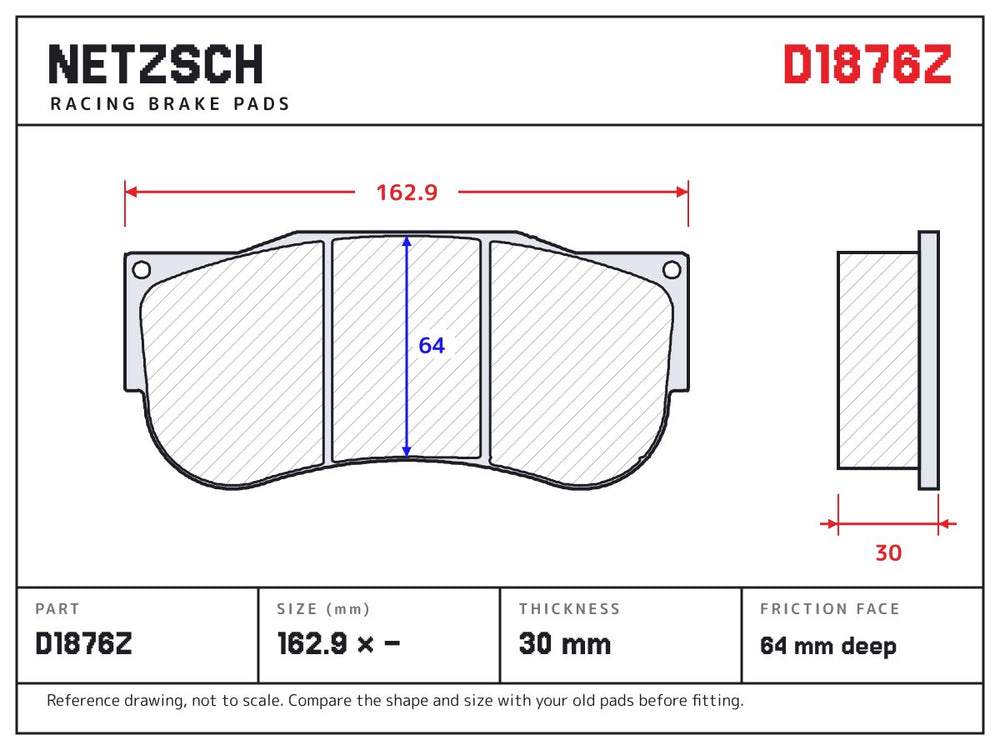 NETZSCH D1876Z brake pad drawing, 30 mm thick