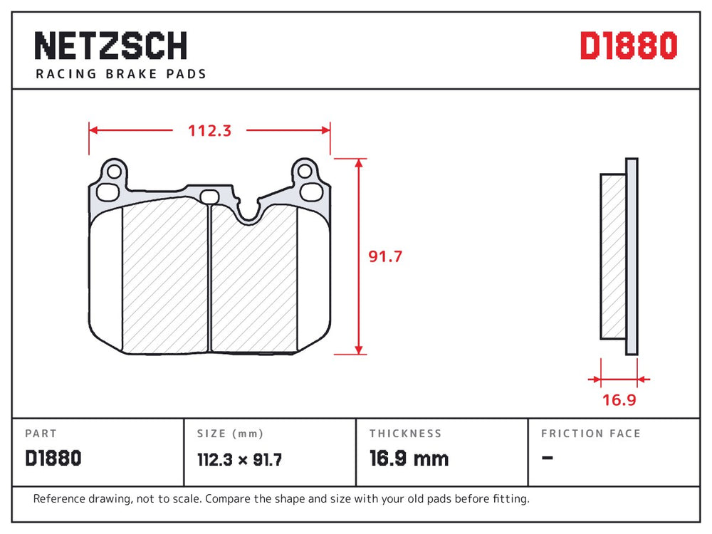NETZSCH D1880 brake pad drawing, 16.9 mm thick