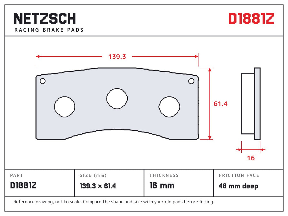 NETZSCH D1881Z brake pad drawing, 16 mm thick