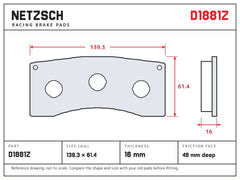 NETZSCH D1881Z brake pad drawing, 16 mm thick