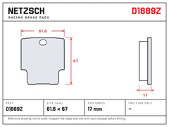 NETZSCH D1889Z brake pad drawing, 17 mm thick