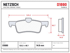 NETZSCH D1890 brake pad drawing, 14.9 mm thick