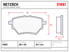 NETZSCH D1891 brake pad drawing, 16.7 mm thick