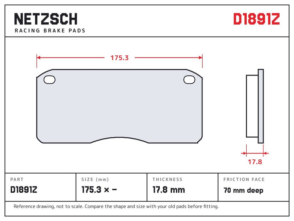 NETZSCH D1891Z brake pad drawing, 17.8 mm thick