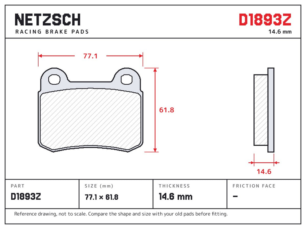 NETZSCH D1893Z brake pad drawing, 14.6 mm thick