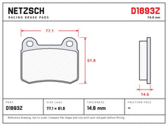 NETZSCH D1893Z brake pad drawing, 14.6 mm thick