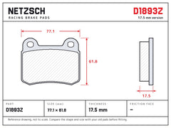NETZSCH D1893Z brake pad drawing, 17.5 mm thick