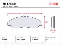 NETZSCH D1896 brake pad drawing, 15.9 mm thick