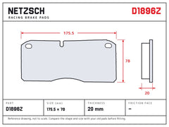 NETZSCH D1896Z brake pad drawing, 20 mm thick