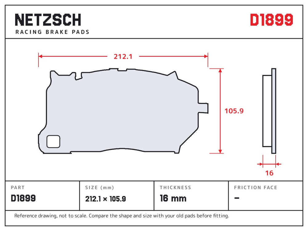 NETZSCH D1899 brake pad drawing, 16 mm thick