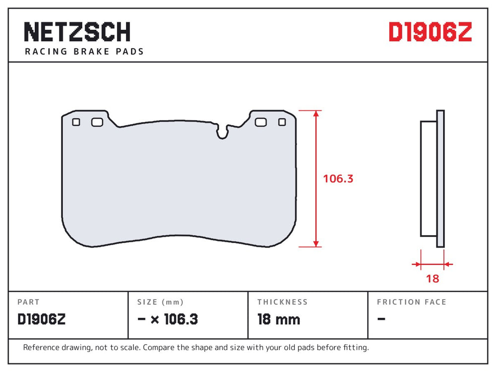 NETZSCH D1906Z brake pad drawing, 18 mm thick