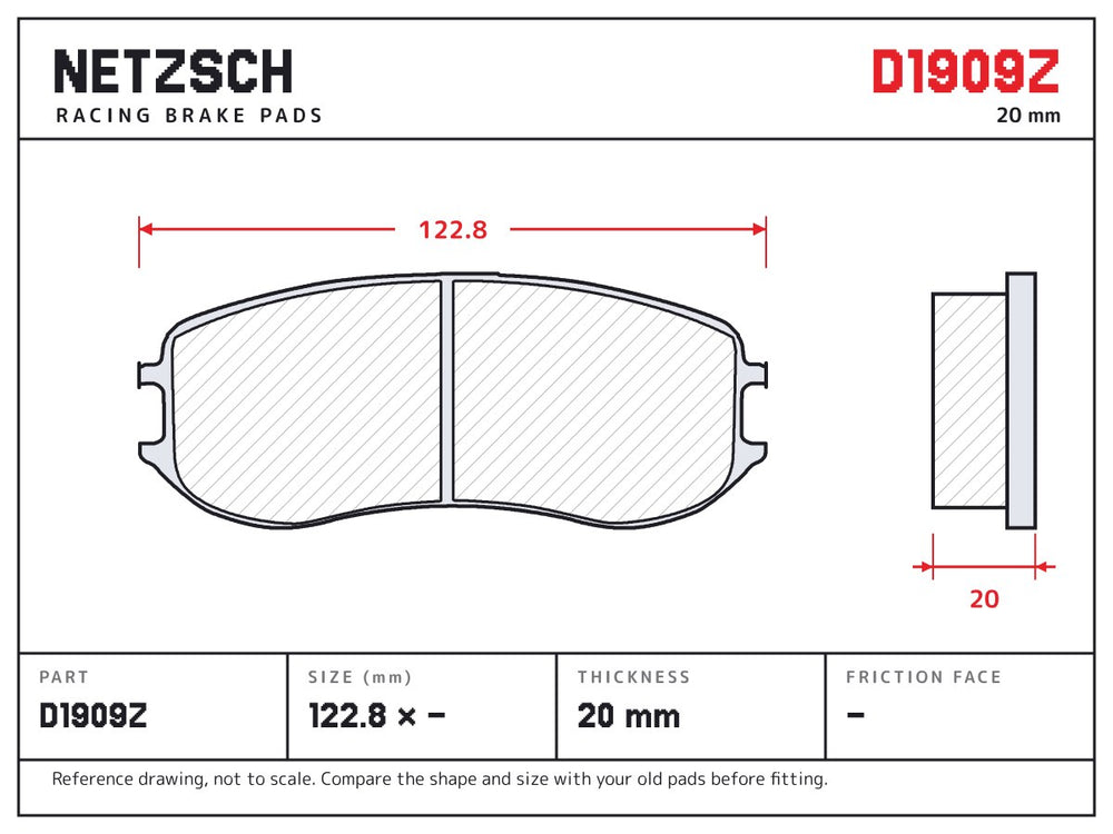 NETZSCH D1909Z brake pad drawing, 20 mm thick
