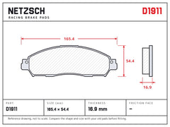 NETZSCH D1911 brake pad drawing, 16.9 mm thick