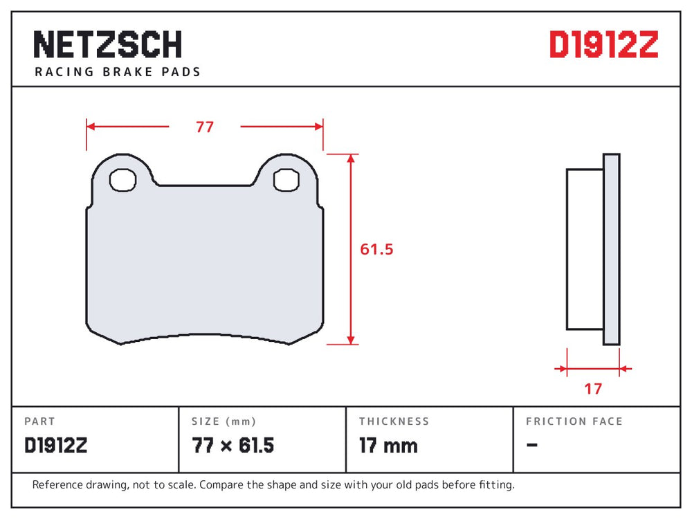 NETZSCH D1912Z brake pad drawing, 17 mm thick