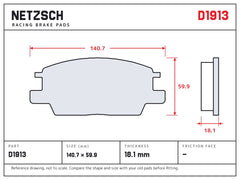 NETZSCH D1913 brake pad drawing, 18.1 mm thick