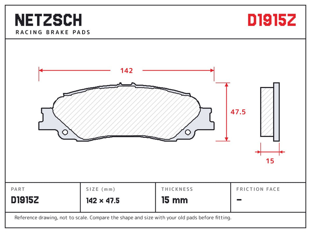 NETZSCH D1915Z brake pad drawing, 15 mm thick