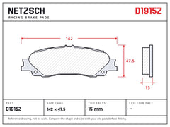 NETZSCH D1915Z brake pad drawing, 15 mm thick