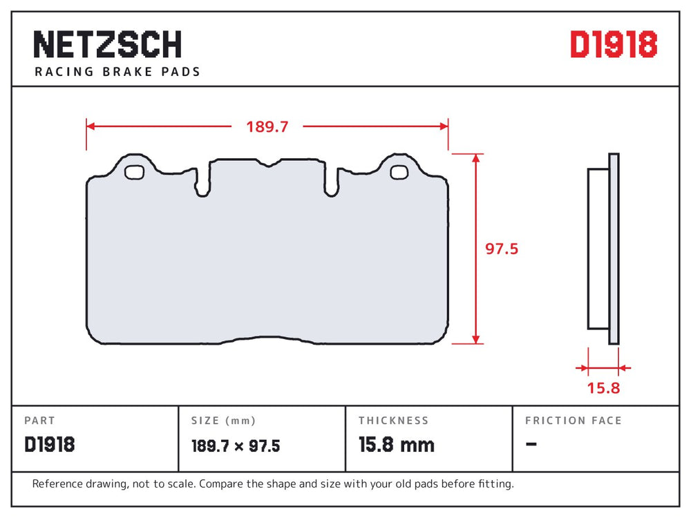 NETZSCH D1918 brake pad drawing, 15.8 mm thick