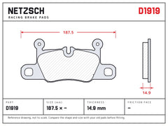 NETZSCH D1919 brake pad drawing, 14.9 mm thick