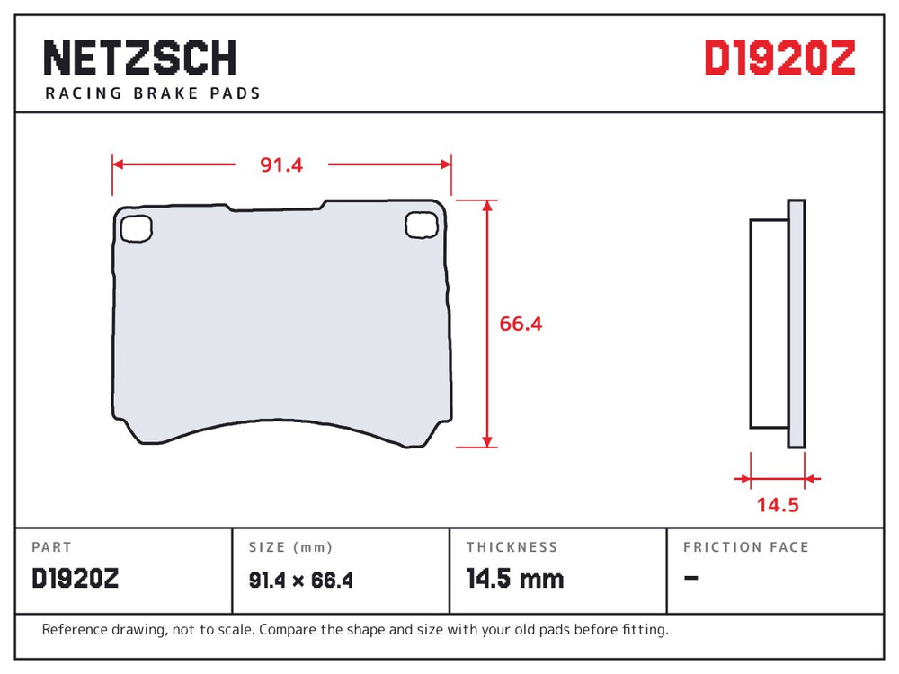 NETZSCH D1920Z brake pad drawing, 14.5 mm thick