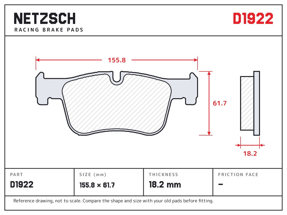 NETZSCH D1922 brake pad drawing, 18.2 mm thick