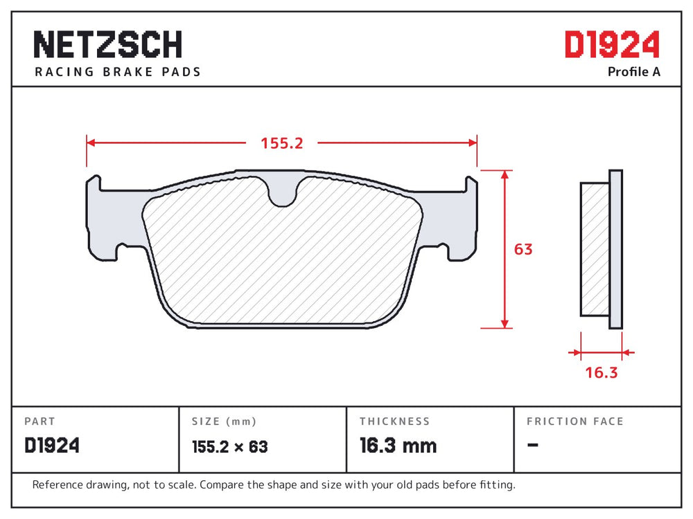 NETZSCH D1924 brake pad drawing, 16.3 mm thick
