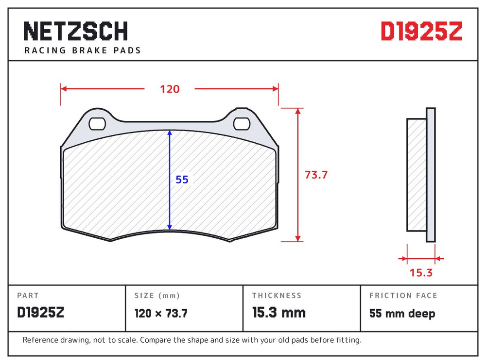 NETZSCH D1925Z brake pad drawing, 15.3 mm thick