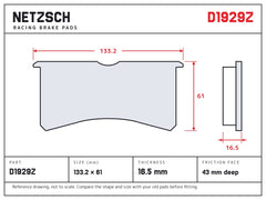 NETZSCH D1929Z brake pad drawing, 16.5 mm thick