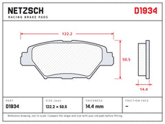NETZSCH D1934 brake pad drawing, 14.4 mm thick
