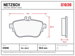 NETZSCH D1936 brake pad drawing, 16.6 mm thick