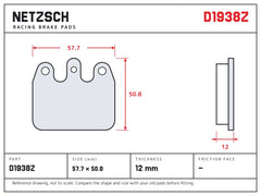 NETZSCH D1938Z brake pad drawing, 12 mm thick