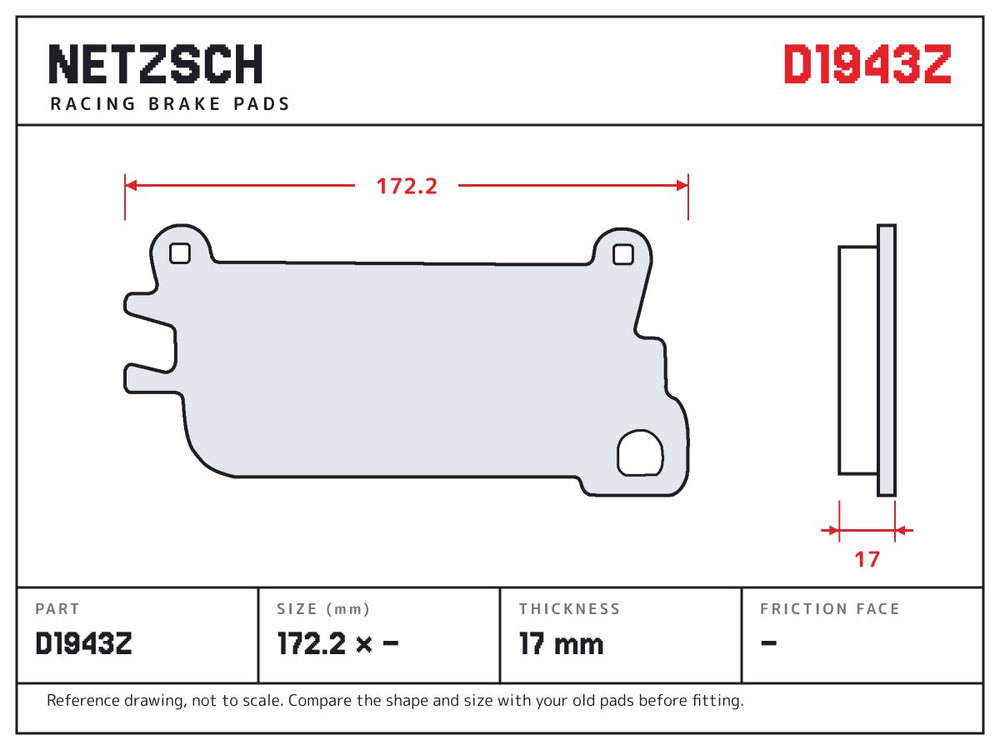 NETZSCH D1943Z brake pad drawing, 17 mm thick
