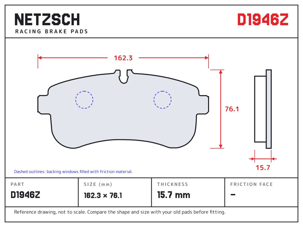 NETZSCH D1946Z brake pad drawing, 15.7 mm thick