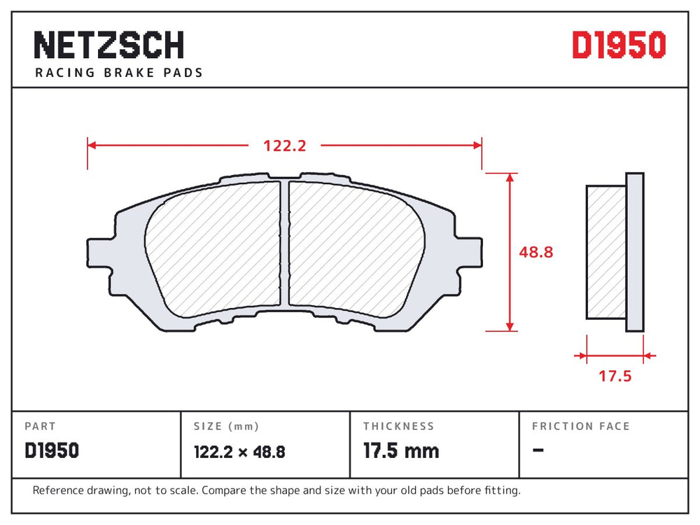 NETZSCH D1950 brake pad drawing, 17.5 mm thick
