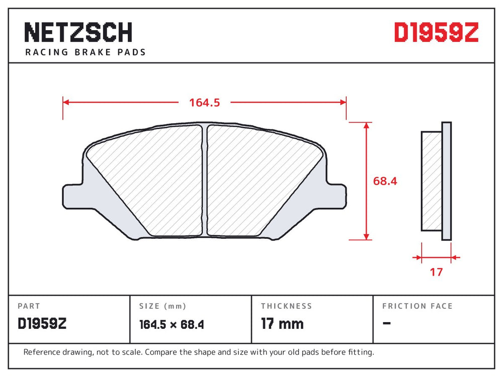 NETZSCH D1959Z brake pad drawing, 17 mm thick