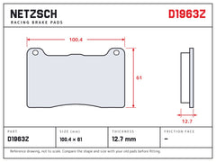 NETZSCH D1963Z brake pad drawing, 12.7 mm thick