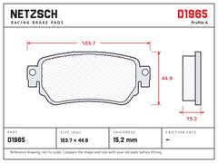 NETZSCH D1965 brake pad drawing, 15.2 mm thick