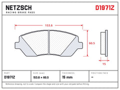 NETZSCH D1971Z brake pad drawing, 15 mm thick