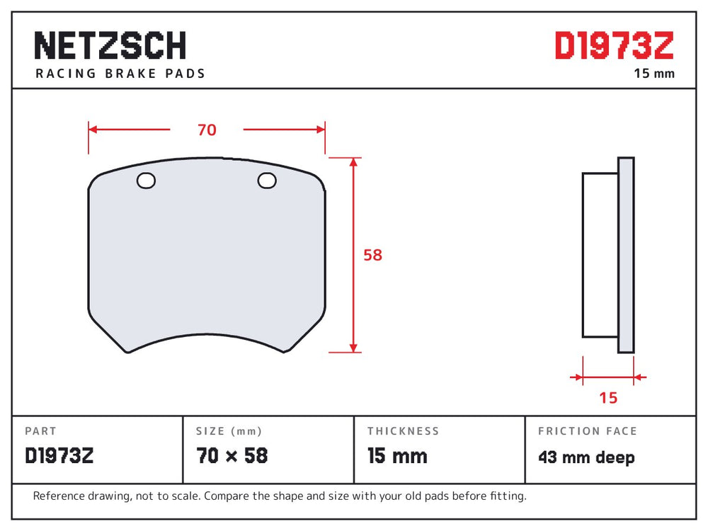 NETZSCH D1973Z brake pad drawing, 15 mm thick