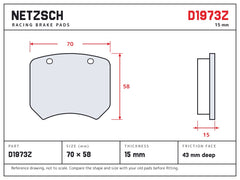 NETZSCH D1973Z brake pad drawing, 15 mm thick