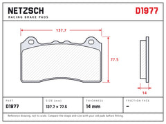 NETZSCH D1977 brake pad drawing, 14 mm thick