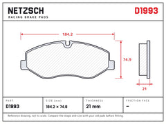 NETZSCH D1993 brake pad drawing, 21 mm thick