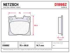 NETZSCH D1998Z brake pad drawing, 14.7 mm thick