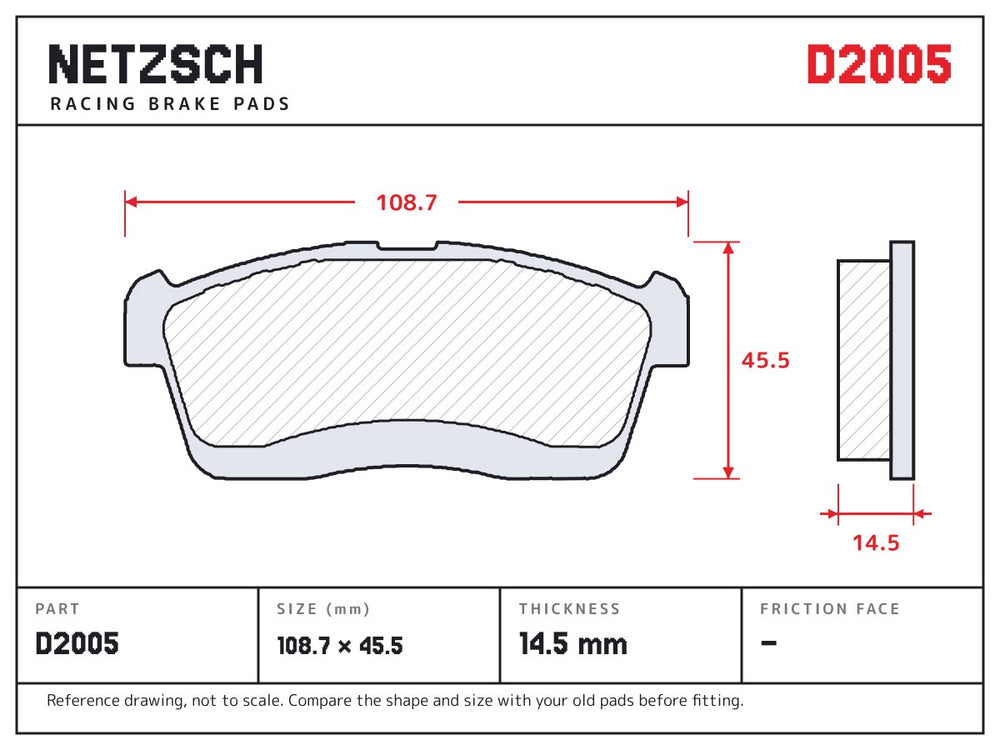 NETZSCH D2005 brake pad drawing, 14.5 mm thick