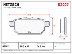 NETZSCH D2007 brake pad drawing, 14.3 mm thick