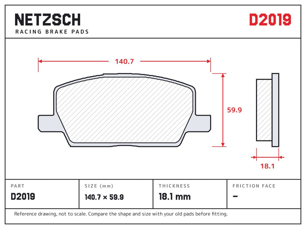 NETZSCH D2019 brake pad drawing, 18.1 mm thick